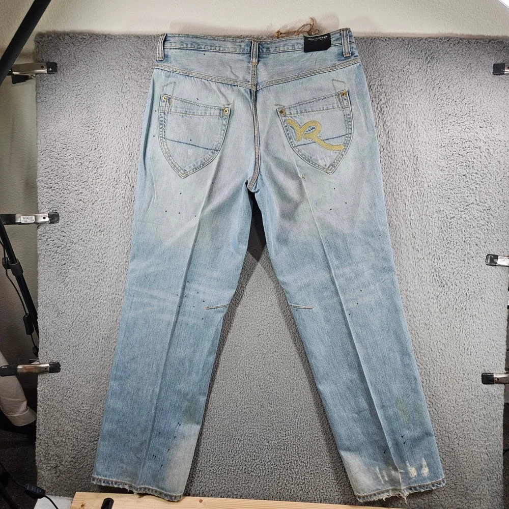 Rocawear Mens Light‎ Wash Distressed Paint Splatter Denim Jeans Size 38x34 Y2K
